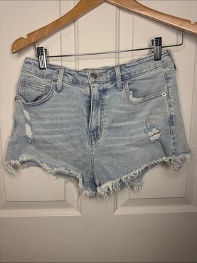 Light Blue Distressed Denim Jean Shorts - Women's Frayed Hem